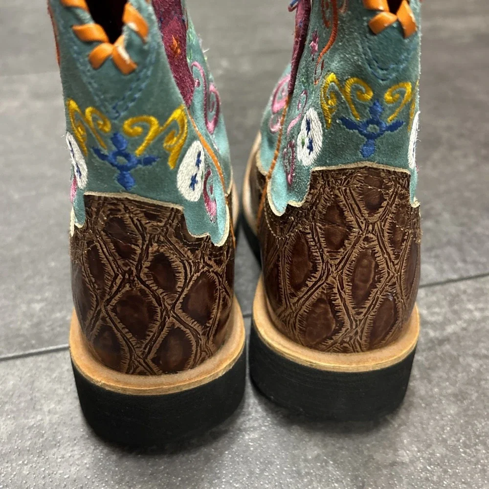 Ariat Fatbaby Leather Embroidered Cowboy Boots Pink Ostrich Print Skulls 10.5 - Picture 3 of 6